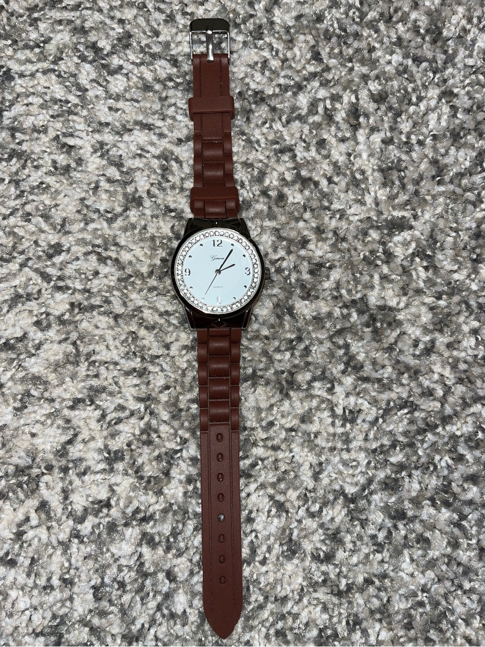 Geneva Silver Watch with Brown Strap and Crystal Accents - Picture 2 of 4